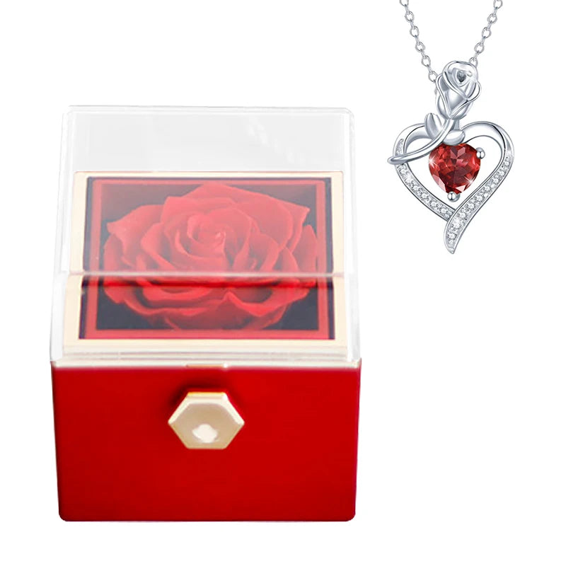 Gifts for Girlfriend Rotating Eternal Rose Gift Box Necklace Set Preserved Flower Jewelry Box for Valentine Christmas Birthday