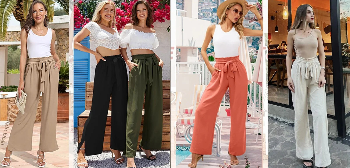 Womens Wide Leg Lounge Pants with Pockets High Waisted Adjustable Tie Knot Loose Casual Trousers Dress Work Pants