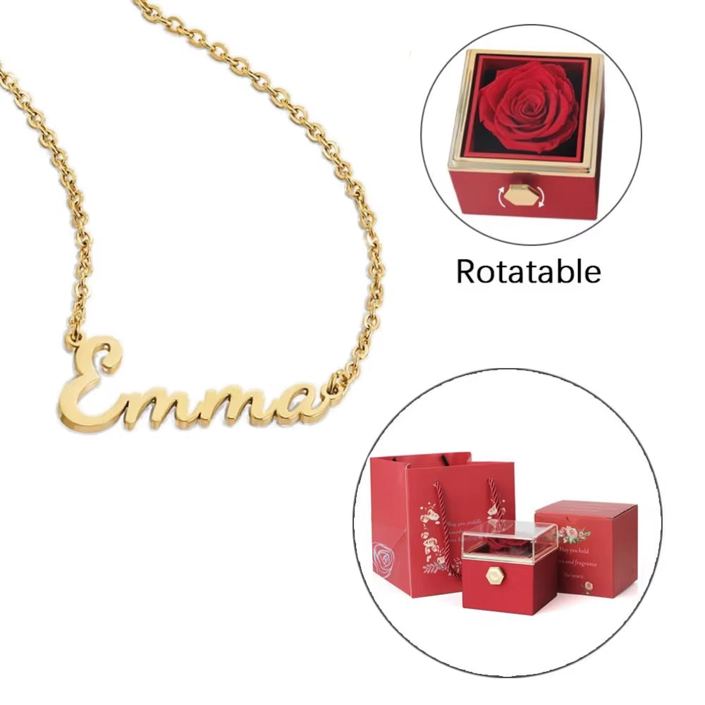 ETERNAL ROSE Box-Customized Name Necklace & REALROSE Flower Gift Box Heart Customize Jewelry Valentine'S Day Gift for Girlfriend